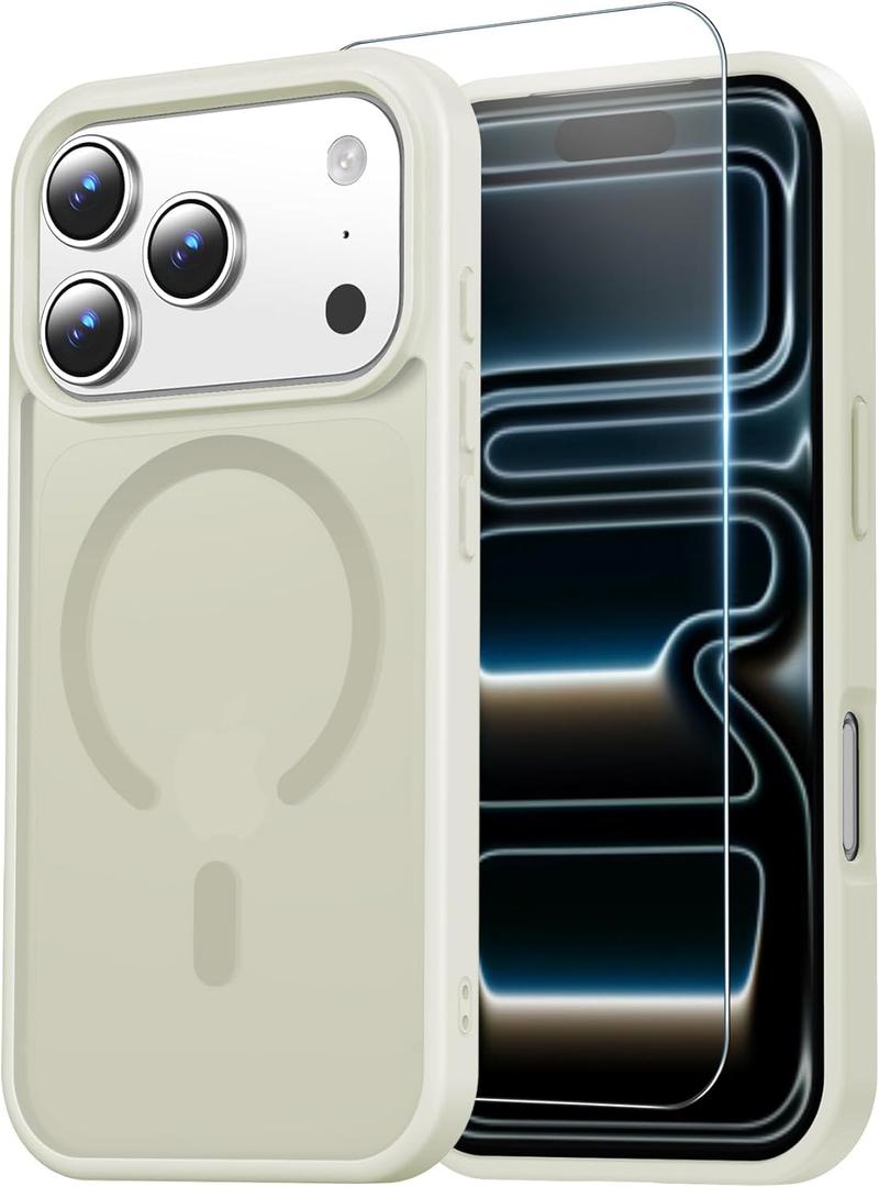 Temdan for iPhone 17 Pro Case with Screen Protector, Compatible with Magsafe, Anti-Yellowing, Military-Grade Protection, Shockproof Slim Magnetic Phone Case Cover, Antique White