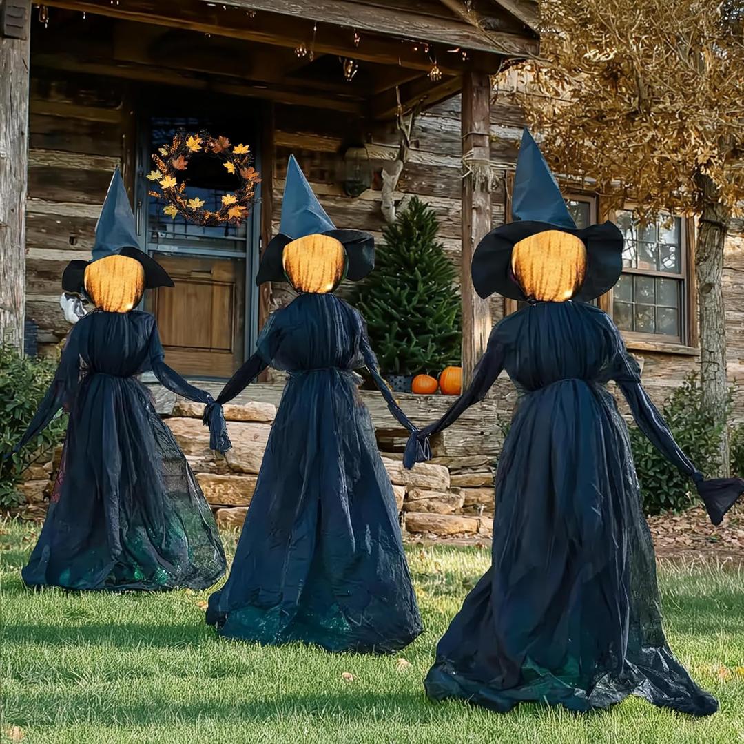 TW SHINE Halloween Witch Decorations Outdoor, 5 FT Set of 3 Holding Hands Witches Stakes with Glowing Face, Lighted Halloween Decor for Party Yard Lawn Porch Garden Haunted House Props (Black)
