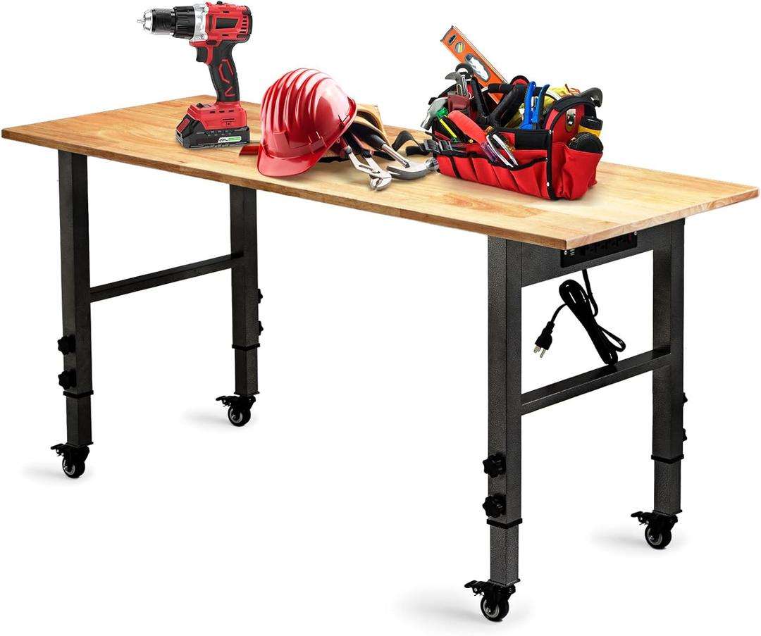 OLBRUS 54.3 "Adjustable Workbench with Power Outlet, Heavy Duty 2000 LBS Load Capacity Hardwood Workbench Suitable for Workshop, Office, Garage, Home (Metal WheelsPower Outlets 54.3"x21.6")