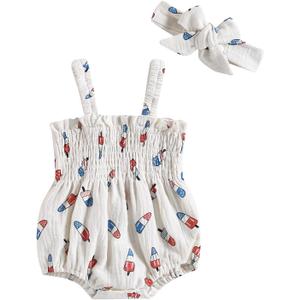 Baby Girl 4th of July Outfit Ice Cream Sleeveless Fourth of July Romper Newborn Independence Day Clothes (6-12 Months, White)