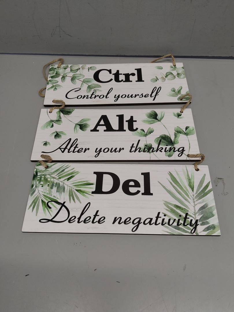 3 Pcs Ctrl Alt Del Wall Decor Office Wood Rustic Hanging Decor Spring Inspirational Sign Daisy Floral Flowers Decoration for Bathroom Indoor Home Living Room(Leaves)