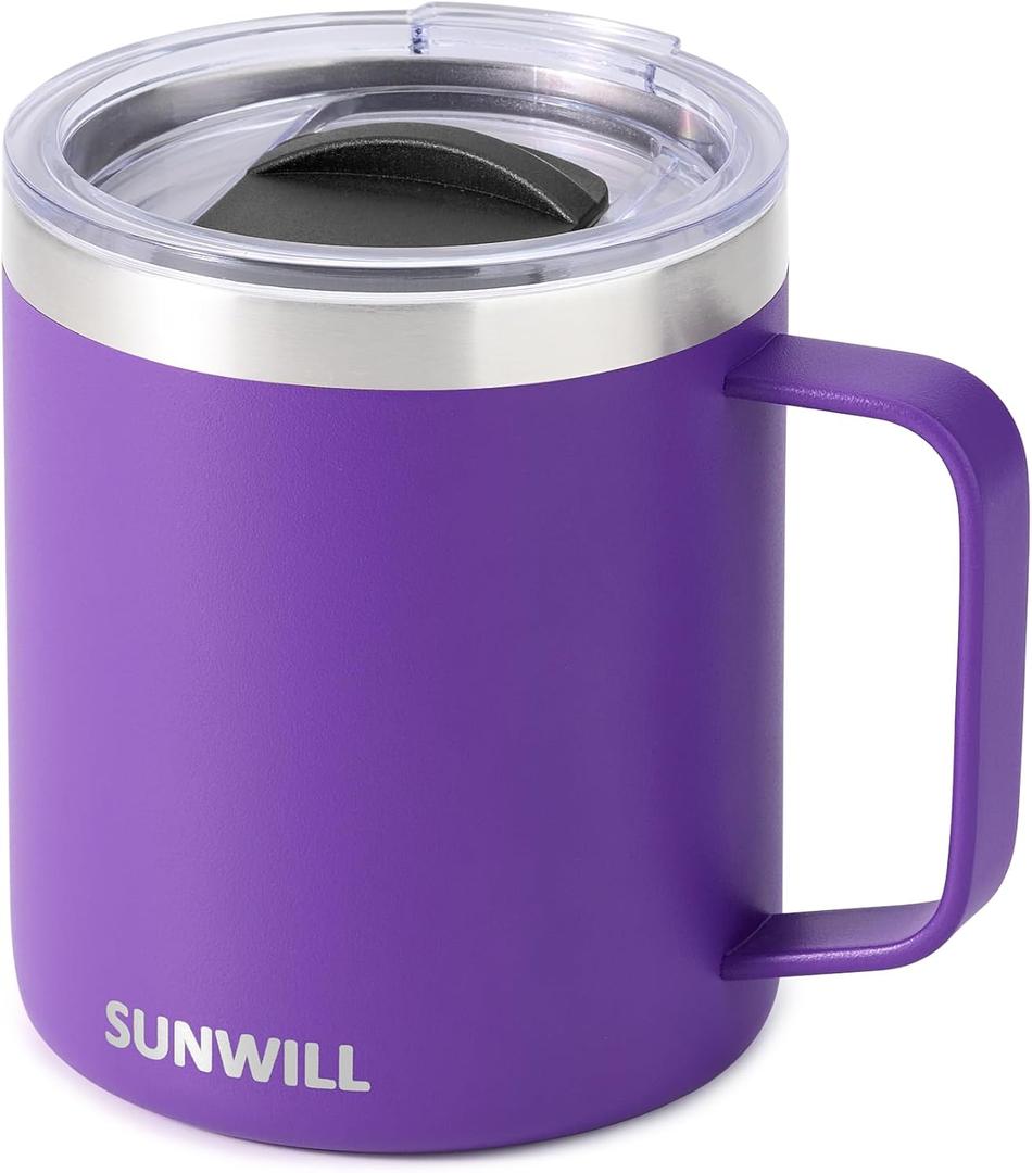 SUNWILL Insulated Coffee Mug with Lid, Travel Tumbler with Handle, 14 oz Stainless Steel Cup for Camping, Office, Home, Powder Coated Purple (1 Count (Pack of 1))