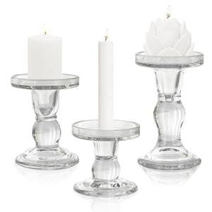 Glass Candle Holders, 3 Pieces Crystal Clear Candlesticks with Elegant Design for Pillar Taper Candle and Tea Light