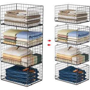 Stackable Closet Organizers and Storage Baskets, 4Tier Closet Shelf Organizer , SpaceSaving Clothes Storage Drawer, Foldable Clothes Storage Bins for Closet Organizer System, Black(Patent 30022416)