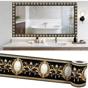 Wallpaper Border Peel and Stick 3.94"x196.85" PVC Self-Adhesive Removable Accent Trim for Bathroom Bedroom Kitchen (Gold Black Baroque Marble 2D Print)