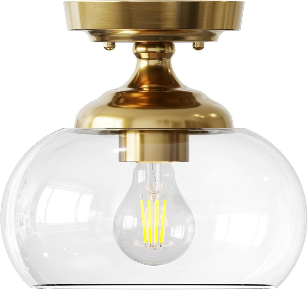 VONLUCE Industrial Semi Flush Mount Ceiling Light, 8.3" Ceiling Light Fixture with Clear Glass Shade, Farmhouse Lighting for Hallway Kitchen Bedroom Entryway, Brushed Gold Flush Mount Light Fixture