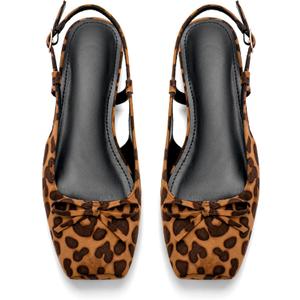 Women's Ballet Flats Slingbacks Square Toe Bow Knit Dressy Flat Shoes with Ankle Buckles Satin (9, Leopard)