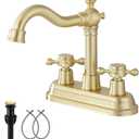 Bathroom Faucet Brushed Gold GGStudy 2 Handles 4 Inches Centerset Bathroom Vanity with Drain Assembly and Supply Hose Lavatory Mixer Double Handle Tap