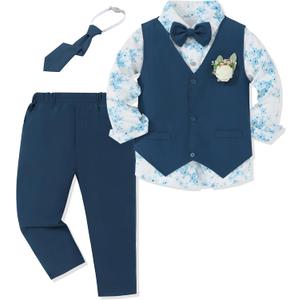 SANMIO Toddler Boys Suits Clothes Dress Boys Gentleman Wedding Suit Outfits 6-Piece Vest Pants Set for 2-12 Years