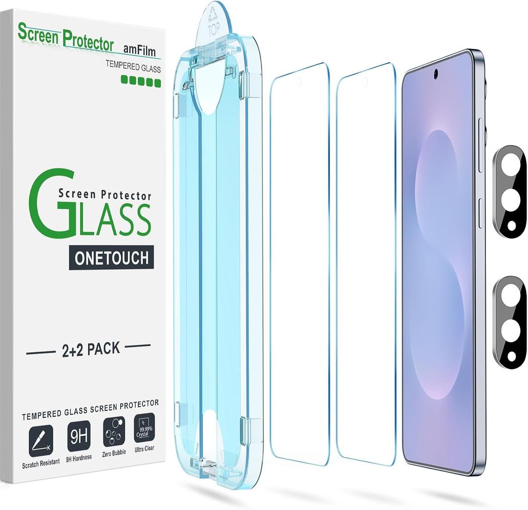 amFilm Auto-Alignment OneTouch for Samsung Galaxy S25 Edge 6.7" Screen Protector + Camera Lens Protector, Tempered Glass, 30 Seconds Installation, Bubble Free, Case Friendly, Anti-Scratch [2+2 Pack]