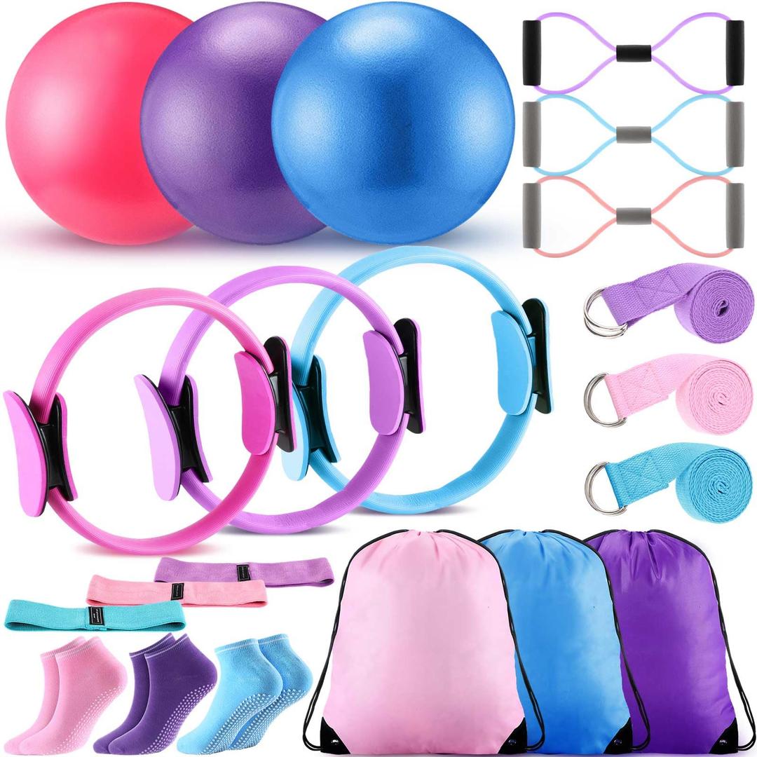 Poen 21 Pcs Pilates Equipment Kit for Home Workout Pilates Ring and Ball Set for Women 12'' Circle Yoga Fitness Essentials Kit with Resistance Bands, Yoga Strap, Socks,Bag (Pink,Blue,Purple)