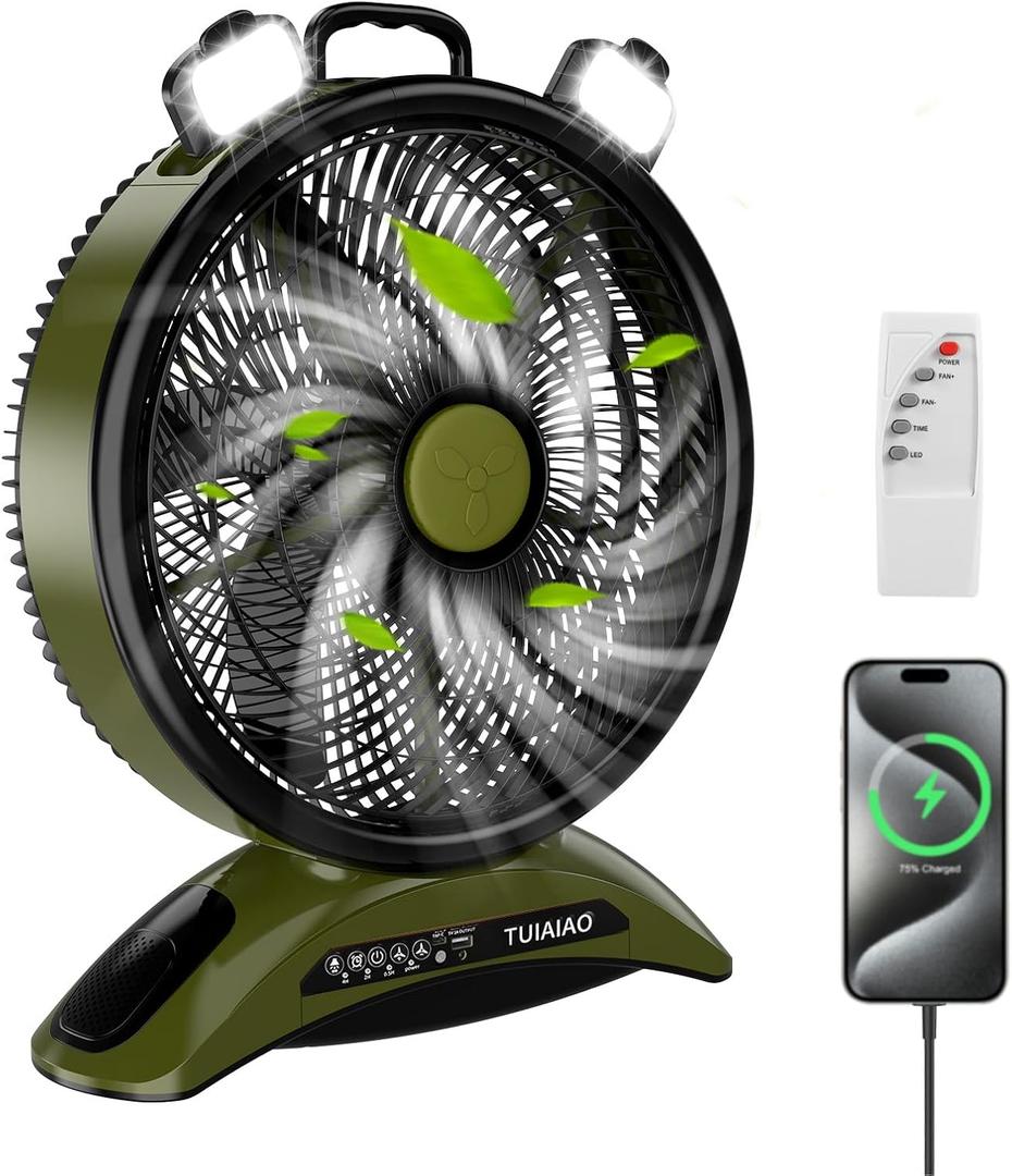 Big Size Camping Fan, 45000mAh Battery Capacity Rechargeable Portable Fan, 12-inch Extra Large Blade and 830CFM Super Airflow, Cordless, Outdoor for BBQ RV Tent Garages Hurricane Emergencies Indoor (Green)