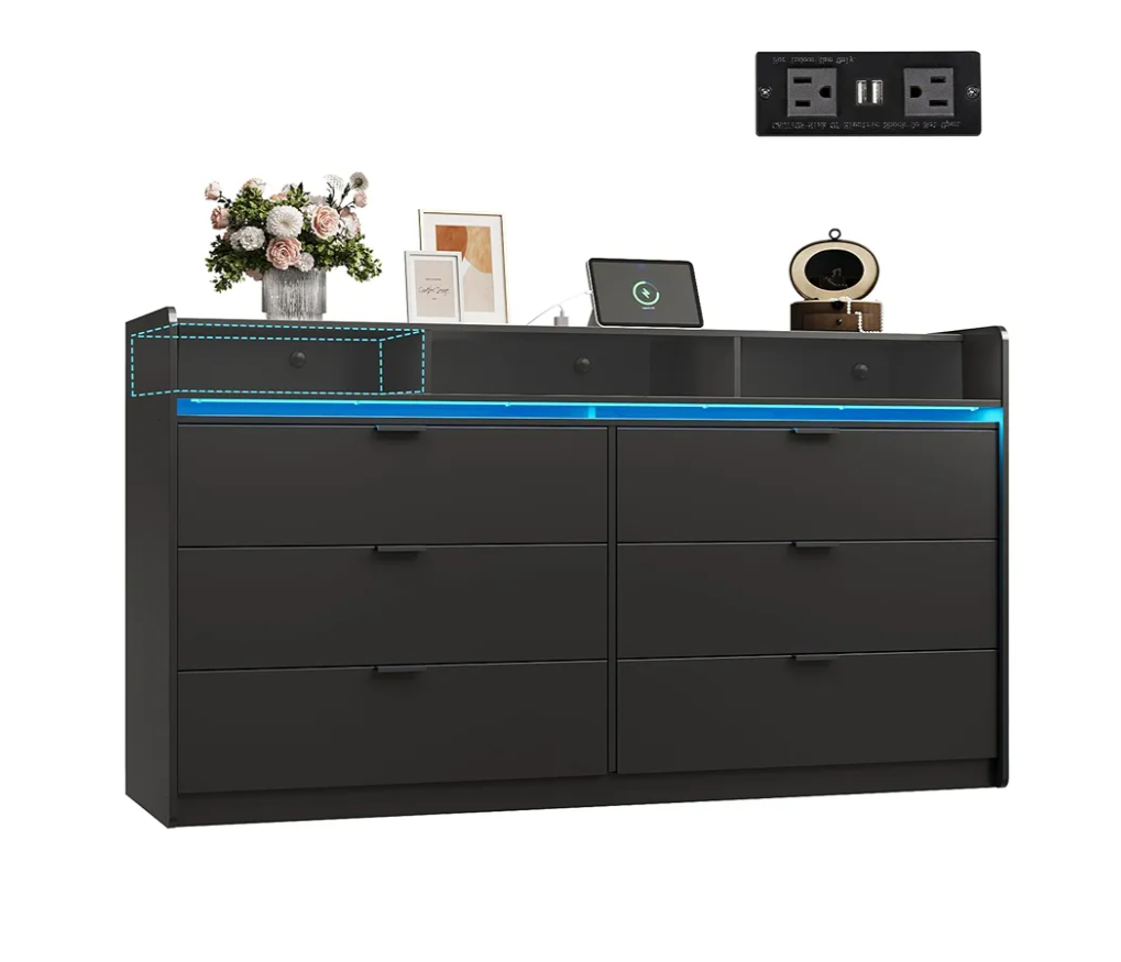 WLIVE 9 Drawer Led Dresser for Bedroom, 58.35'' Black Wood Dresser Storage Organizer with Power Outlets for 65'' TV, Dressers with Open Shelves, Chest of Drawers for Closet, Living Room