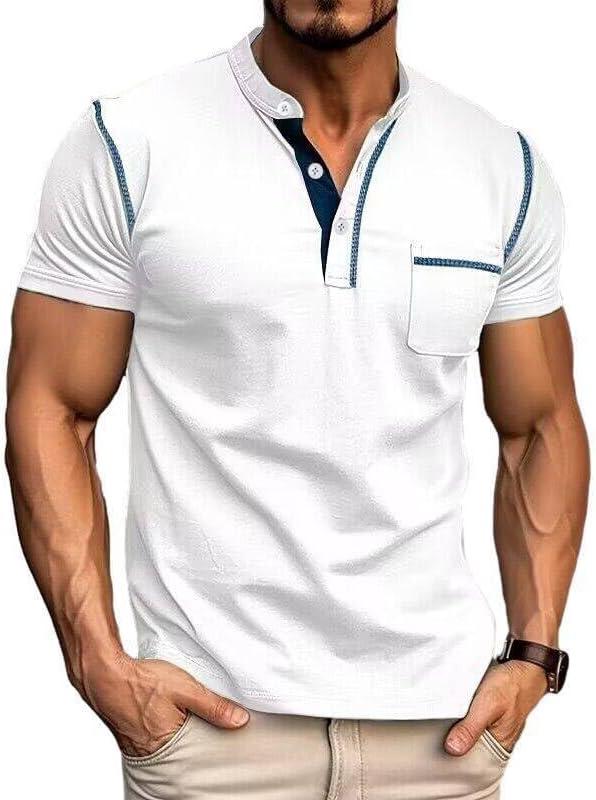 Men's Henley Shirts Short/Long Sleeve Casual Cotton T-Shirt Classic Button Basic Stylish Tees Tops (White, XXL)