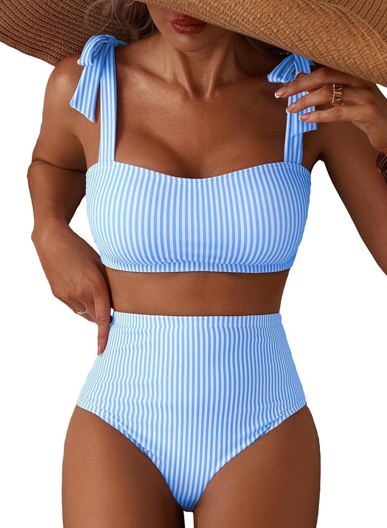 Herseas Women's Tie Shoulder Bikini Sets 2 Piece Striped Swimsuits High Waisted Bathing Suits (Blue, M)