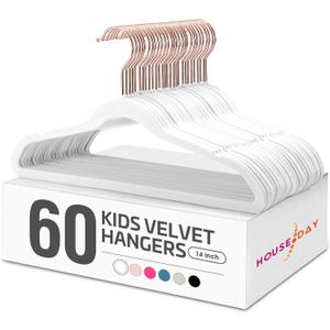 HOUSE DAY Velvet Kids Hangers 60 Pack, Premium Childrens Hangers for Closet, Ultra Thin Cute Clothes Hanger, Non Slip Small Felt Hanger 14 Inch for Kids Clothes, White