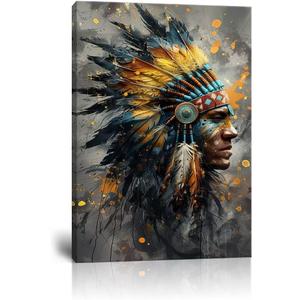 Wall HDQ Native American Chief Feathered Oil Painting Colorful Indian Canvas Wall Art Retro Wall Decor for Bedroom Bathroom Home Decorations Framed(24" x 36")