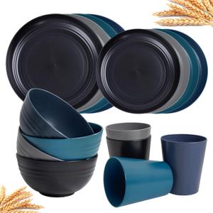 Rubtlamp 16Pcs Plastic Wheat Straw Dinnerware Set, Reusable Plastic Dishes Set for 4, Kitchen Plates And Bowls Set (Deep Four Colors) Include Dinner Plates, Dessert Plates, Cereal Bowls, Cups (Black, Dark Gray, Navy Blue, Blue)