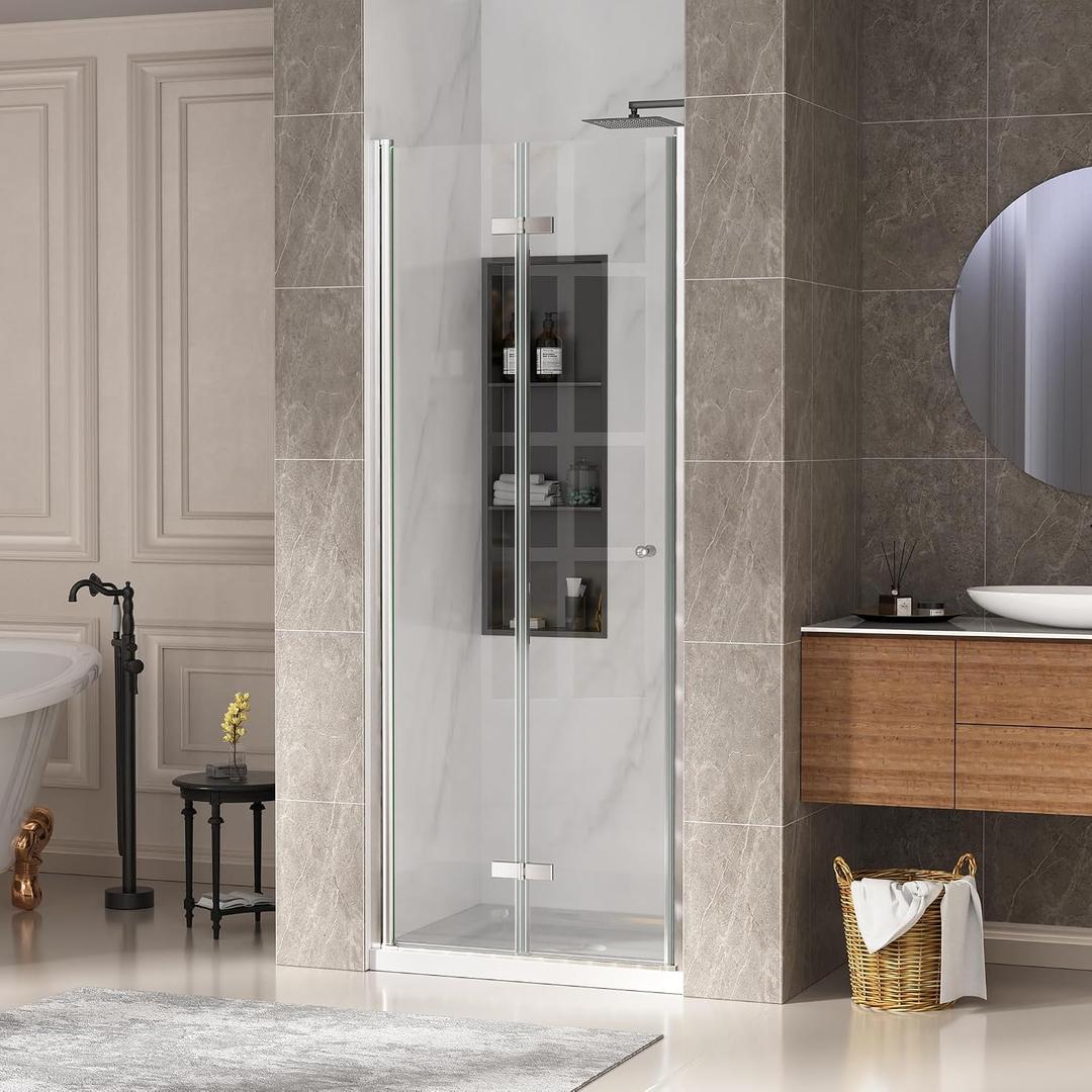 32" W 72" H Bifold Shower Door, Semi - Frameless Folding Bathroom Glass Shower Doors, SGCC Certified 1/4" (6mm) Clear Tempered Glass Door for Small Space, Reversible Installation, Brushed Nickle