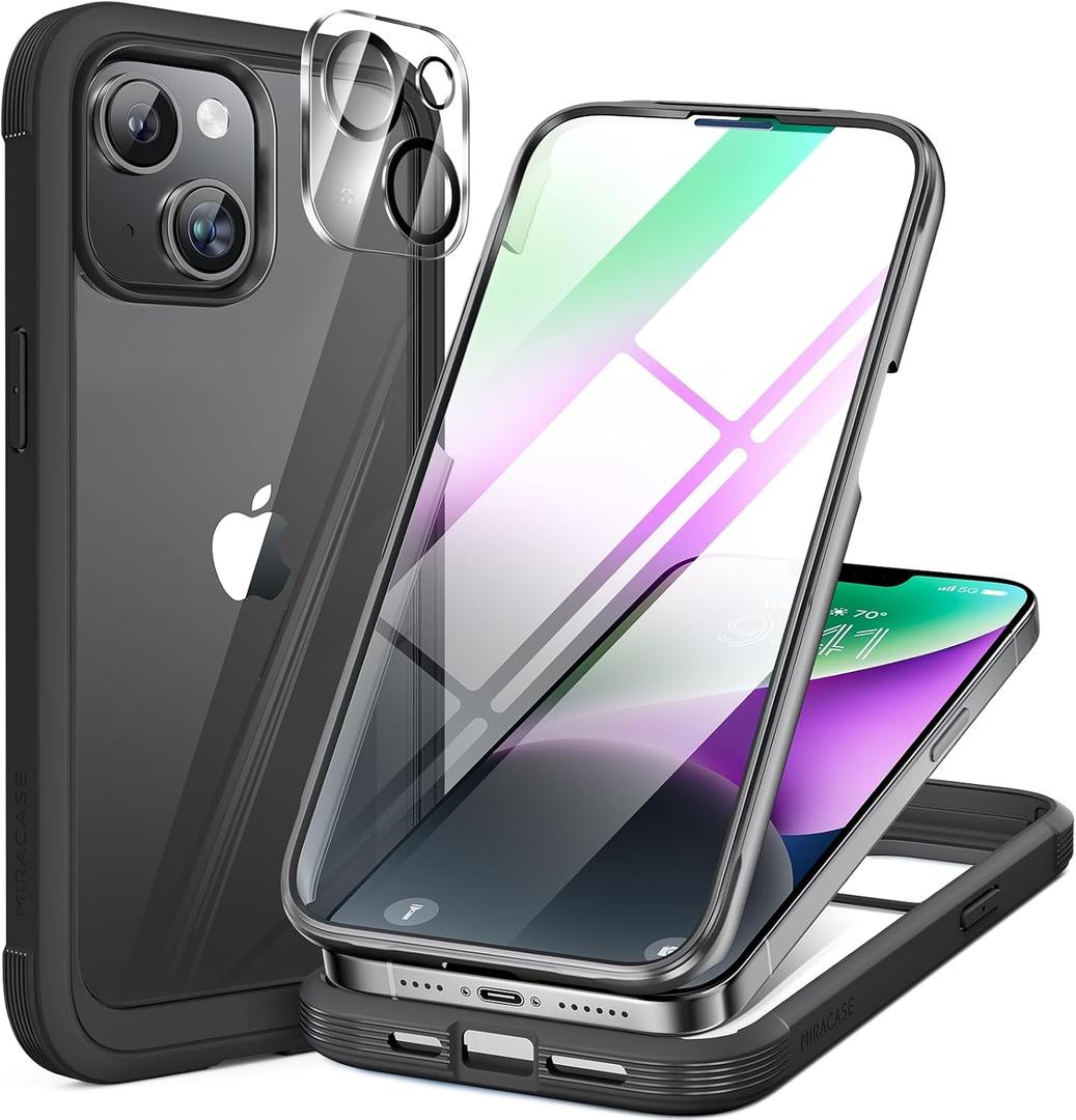 Miracase Designed for iPhone 14 Case 6.1 inch, Full-Body Phone Case with Built-in 9H Tempered Glass Screen Protector a Lens Protecand Camertor Black 