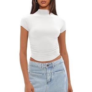 Womens Basic T Shirts Summer Outfits Crew Neck Short Sleeve Back Cut Out Crop Tops Slim Fit Tees Y2k Clothing, Size: M