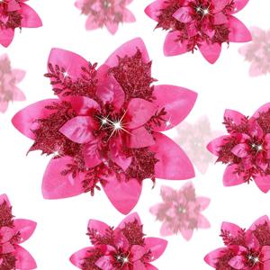 Geosar 24 Christmas Glitter Artificial Poinsettia Flowers Xmas Poinsettia Artificial Wedding Flowers Decorations Xmas Tree Ornaments with Clips for Party Favors, 6 Inch, 4 Inch, 3 Inch (Fuchsia)