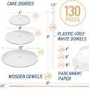 BluShore Cake Boards Tiering Kit - Cake Board 10 Inch, 8 Inch, and 6 Inch (5 Pieces Each) With Parchment Paper Rounds, Wooden Dowels, and Straw Dowels - Cardboard Cake Rounds Stacking Kit [130 Pieces]