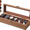 Watch Box for Men and Women - Large Glass Lid, Wooden Display Storage Case With 6 Slots, Retro Burlywood Organizer