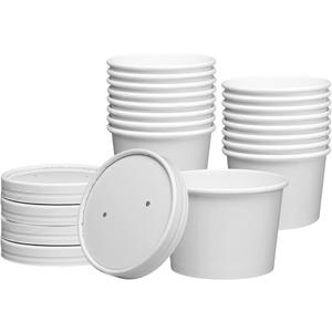 GUSTO 8 oz. White Paper Food Containers with Vented Lids [25 Count] To Go Hot Soup Bowls, Disposable Ice Cream Cups, Ideal for Hot and Cold Foods - (Formerly Comfy Package)