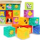 Kingtree Baby Blocks, 9PCS Soft Squeeze Building Blocks Stacking Toys for 6+ Months Babies, Baby Teething Chewing Educational Blocks Set with Numbers Animals Shapes Textures