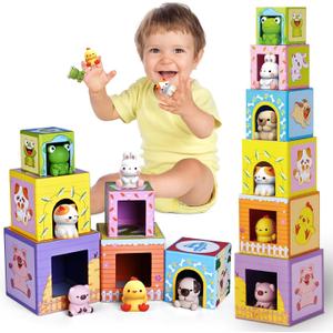 Toddler Farm Animal Sorting and Stacking Toys, Nesting Boxes and Blocks With Finger Puppets - Gifts for 1-3 Year Olds
