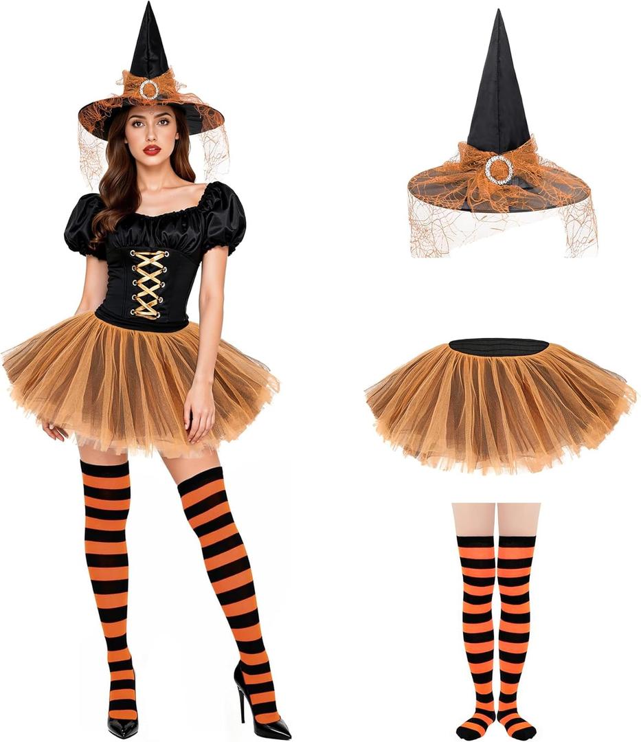 Zando Halloween Witch Costume Women - 3 Pcs With Witch Hat, Tutu, And Striped Thigh High Socks Set for Adult Party (L)