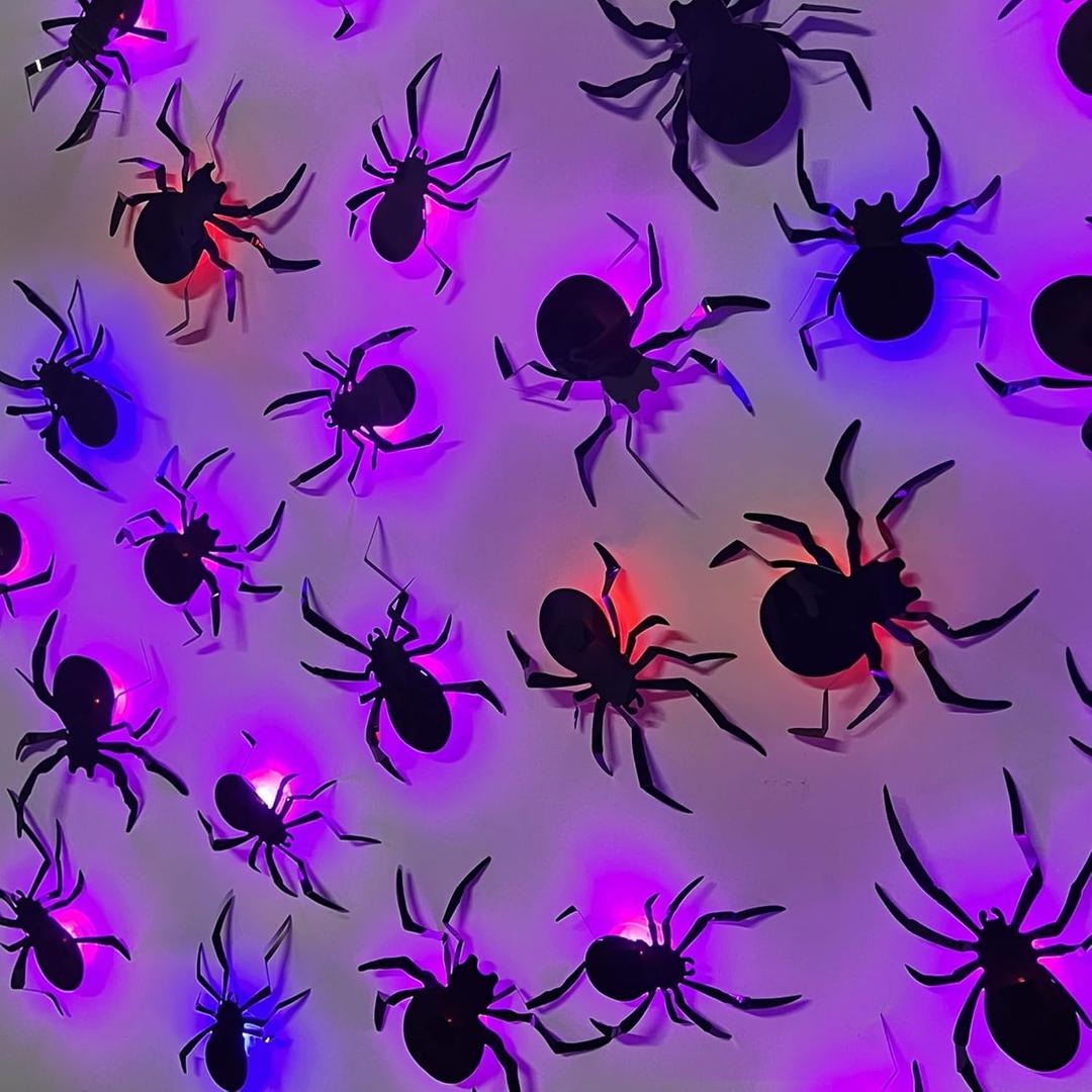 DR.DUDU 36 Pack Halloween Spider Wall Decor, 3D Window Stickers with Multi-Color LEDs, Removable Light up Spiders Wall Decals for Bathroom Home, Door Party, Indoor & Outdoor Decorations 