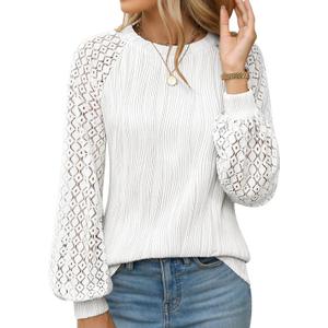 YZEGGO Womens Long Sleeve Textured Shirts Lace Tops Dressy Business Casual Blouses Trendy Outfits 2025 (White, XL)