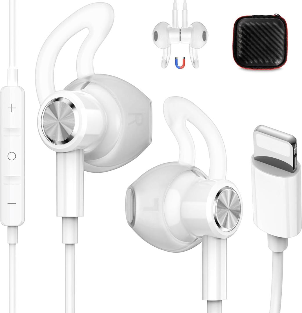 Wired Earbuds for Apple Lightning Headphones for MFi-Certified with Anti-Drop Tips Magnetic Larger Ear Buds Corded Earphones Cord Headphone for iPhone 14 Plus 13 Pro Max 12 Mini 11 XS XR 8 7 White