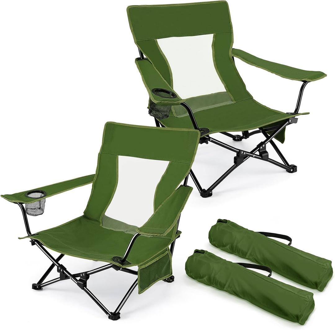 Joyfair Beach Camping Chair (2 Pack), Outdoor Folding Lawn Chair for Adults, Heavy Duty Portable Chair with Armrest for Outside Fishing, Sport, Patio, Cup Holder & Storage Pocket, Carry Bag (Green)