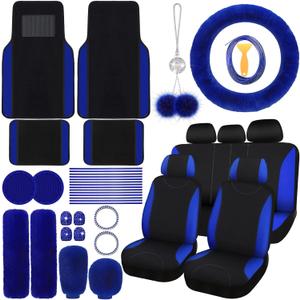 Woanger 47 Car Seat Cover Full Set for Women Included Car Front Rear Seat Fluffy Steering Wheel Cover Belt Automotive Floor Mats Air Conditioner Decoration Strip Universal (Blue)