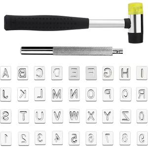 38 PCS Leather Stamping Tools, Leather Stamping Kit with 36pcs Letters and Numbers, Rubber Hammer, Leather Punch Tools, Leather Stamp Set Leather Carving Tools Leather Stamps for Leather Working