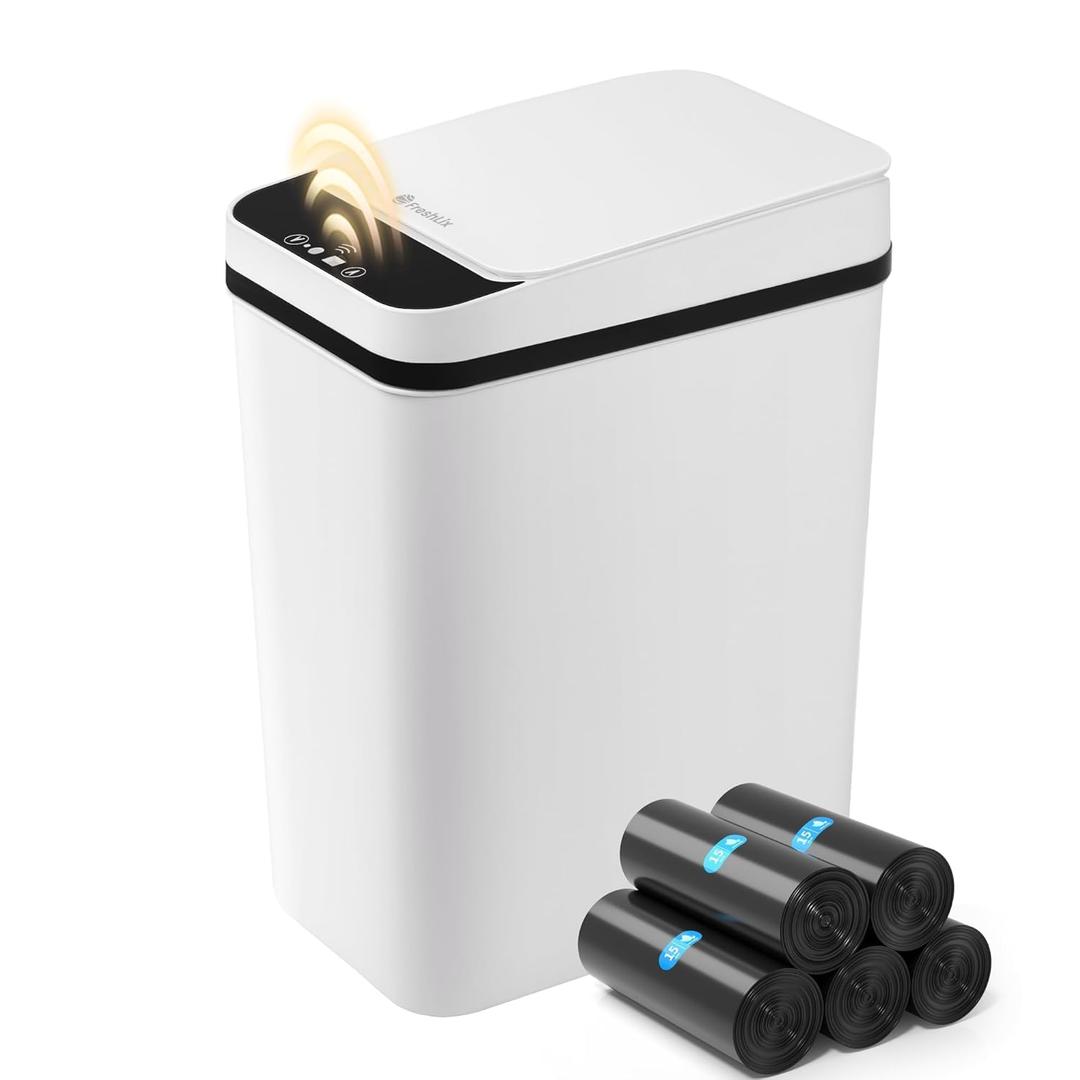 FRESHLIX Bathroom Garbage Can with Lid, 2.6 Gallon Diaper Trash Can, Automatic Trash Cans Touchless, Slim Waterproof Smart Commercial Trash Can for Bedroom, Bathroom, Office, Living Room, Toilet, RV (A-Basic Battery Supply-White)