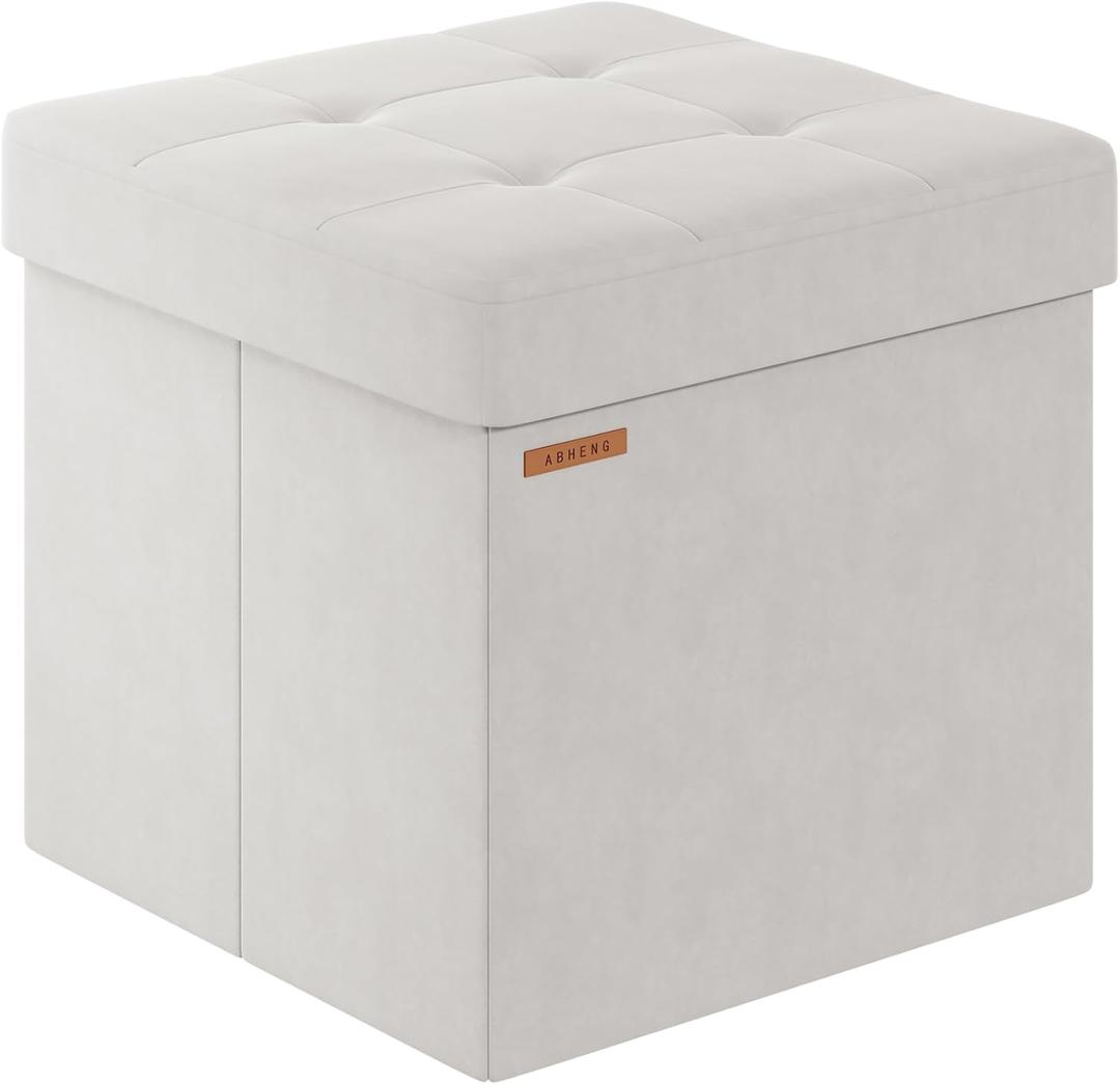 Folding Storage Ottoman, Velvet Storage Bench, Footrest, Footstool,for Living Room, Bedroom and Office,15 x 15 x 15 Inches, 300 kg Load Capacity,Cream White, UASND04W