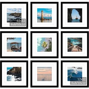 JCJMY 9 Pack 12x12 Picture Frame Gallery Wall Frame Set for 8x8 or 10x10 with 2 Mats or 12x12 Without Mat, Square Collage Wall Decor Photo Frames Bulk Set of 9 for Wall Hanging, Black