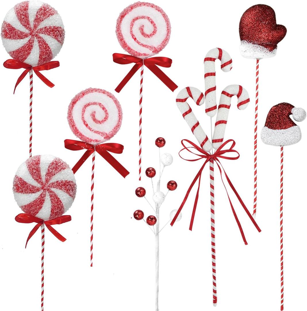 8 Pcs Christmas Candy Picks Set, Christmas Tree Decorations Picks Santa Hat Gloves Candy Cane Balls Peppermint Candy Picks Vase Filler Crafts & Tree Ornament Wreath Holiday Decorations Red