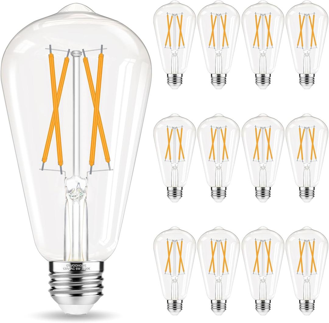 GvvooHome Edison Bulbs, E26 LED Bulb 60 watt Equivalent, Non-Dimmable, Soft White 2700K, ST58 Vintage Light Bulbs, 90+ CRI, 6W 600LM, E26 Medium Base, Clear Glass, 12 Pack