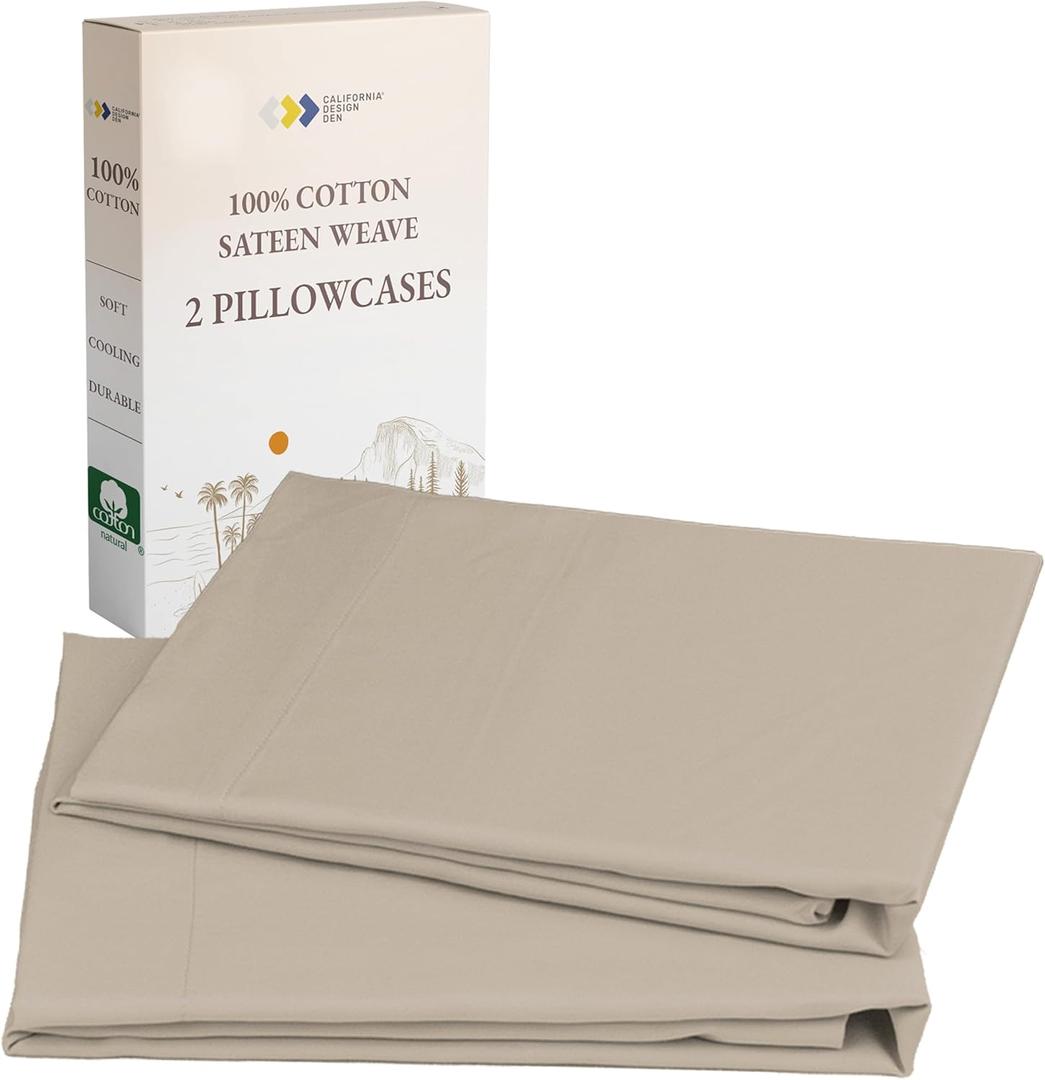 California Design Den 100% Cotton Pillow Cases Standard Size Set of 2, Soft Sateen Weave Pillowcase Set - Beige (Warm Taupe)