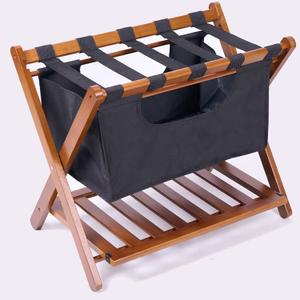 Folding Luggage Rack for Guest Room Foldable luggage Racks for Suitcase Stand with Nylon Straps,Luggage Stand Double Tiers Bamboo Luggage Holder with Shelf for Bedroom,Hotel,No Assembly Required