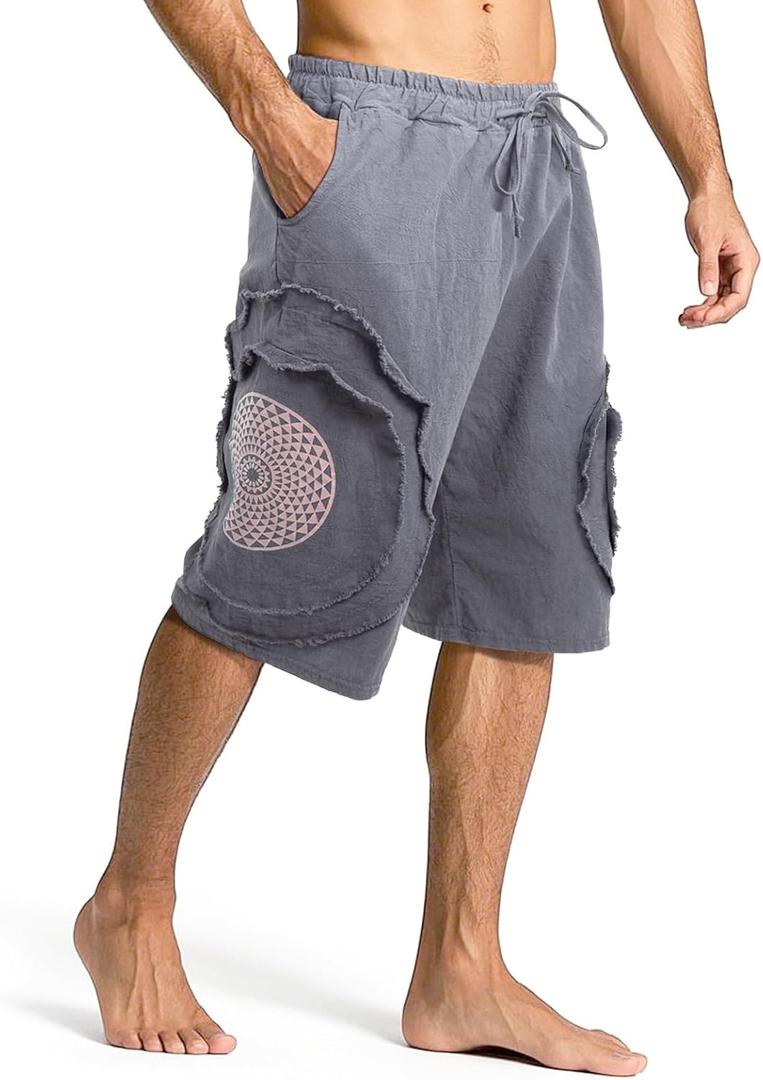 CosInStyle Men's Wide Leg Cotton Capri Shorts Pants with Elastic Waist, Drawstring, and Pockets for Yoga Summer Beach Outdoor (Gray) S/M