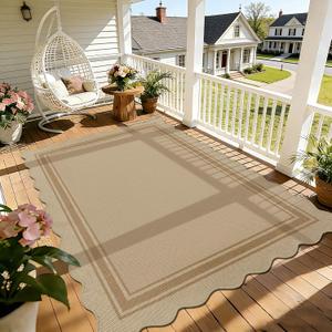6x9 Scalloped Rug Easy Jute Washable Outdoor Patio Rug for Living Room | Non-Slip Indoor Outdoor Rugs Tan Geometric Neutral Carpet for Backyard Patio Dining Room Living Room