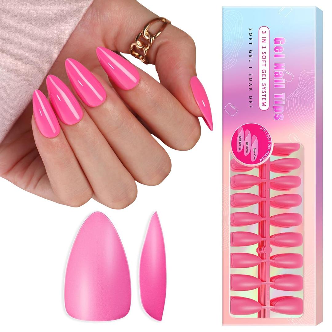 SXVME Hot Pink Soft Gel Nail Tips Medium Almond Pre-colored Gel Tips Medium Press on Nails Pre Applied Tip Primer Natural Acrylic Fake Nails Extensions for DIY Nail,300Pcs