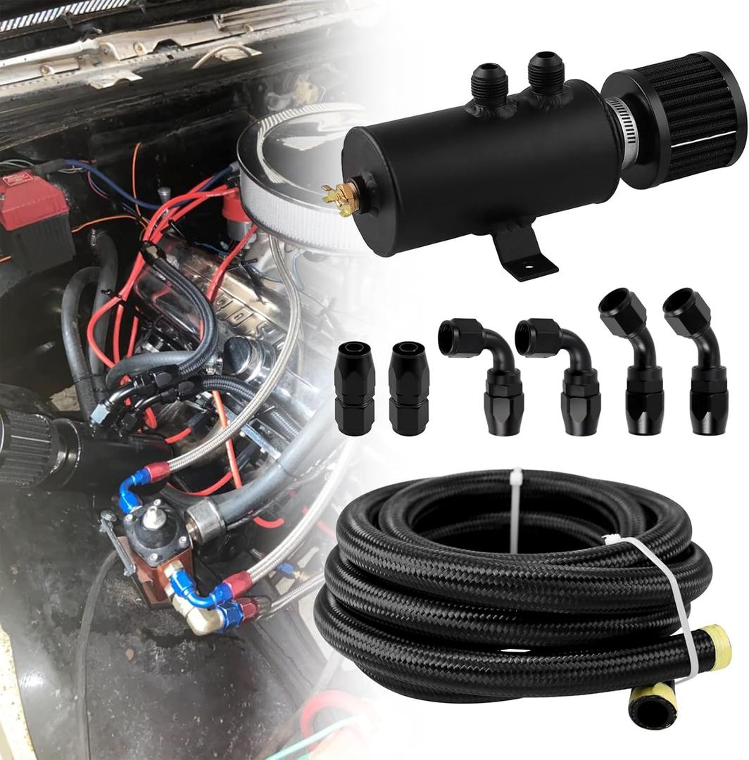 RYANSTAR RACING 10AN 750ML Baffled Oil Catch Can with Drain Valve & 10FT Nylon Braided 10AN 5/8'' Fuel Line Fitting Kit - CPE Oil Hose Bundle