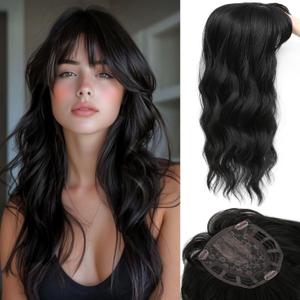Hair Topper, 360 3D Hair Toppers for Women with Thinning Crown, 20 Inch Long Wavy Curly Hair Pieces Clip in Bangs (Black, 20 inch, French Bangs)